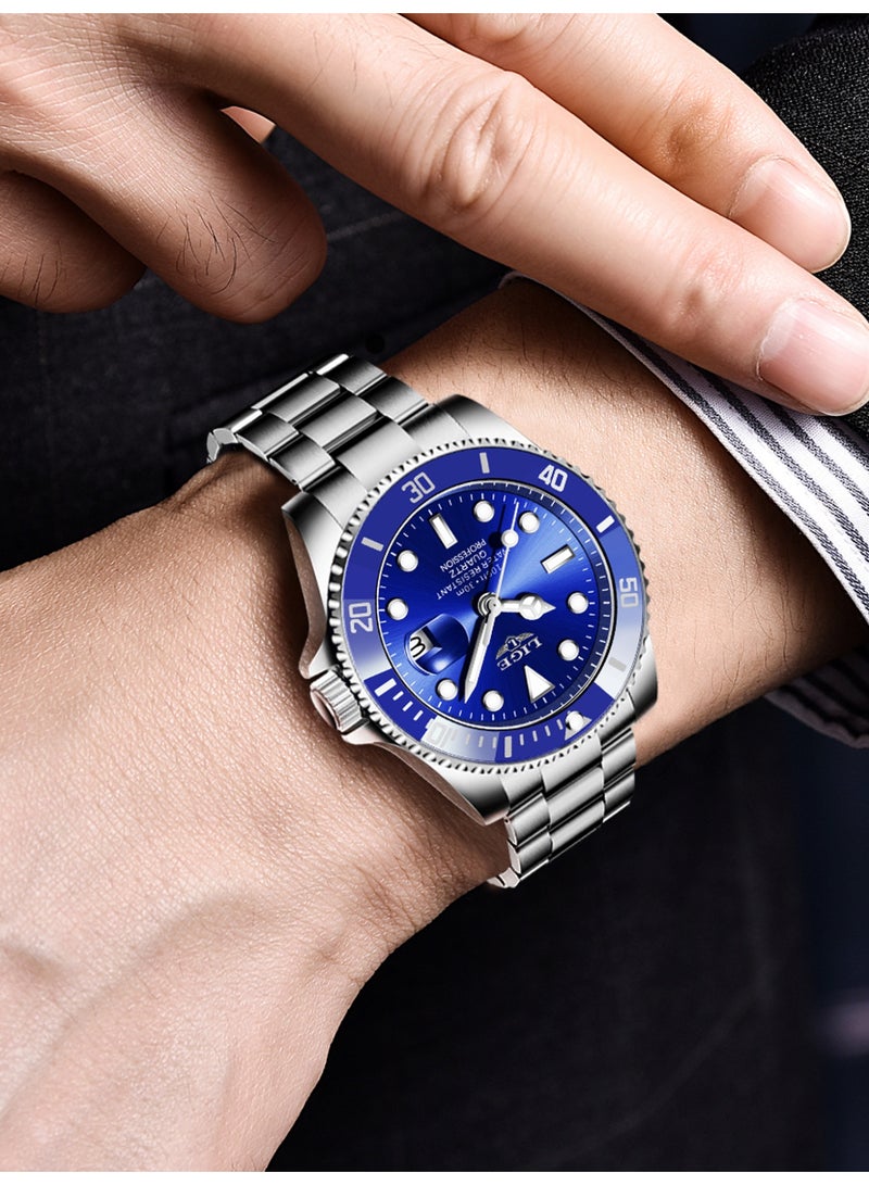 LIGE Men's Waterproof Alloy Case Stylish Steel Strap Analog Calendar Quartz Watches Blue - Image 4