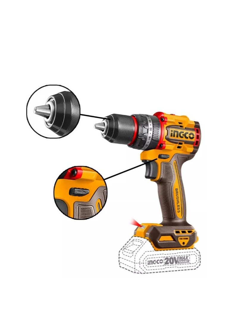 INGCO INGCO CIDLI20558 20V Impact Drill with Brushless Motor, 13mm Steel Chuck, 2x20V 2.0Ah Li-Ion Batteries, 55Nm Torque, 2-Speed Adjustment, LED Light & 47pcs Accessories  - Image 3