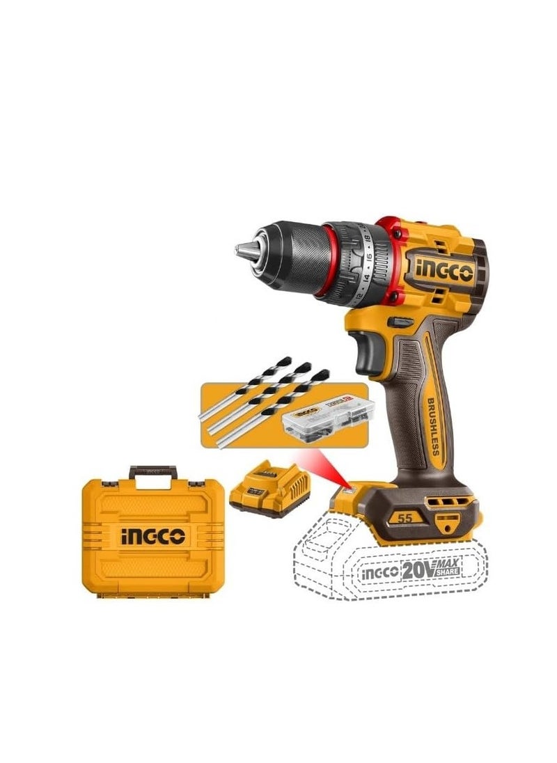 INGCO INGCO CIDLI20558 20V Impact Drill with Brushless Motor, 13mm Steel Chuck, 2x20V 2.0Ah Li-Ion Batteries, 55Nm Torque, 2-Speed Adjustment, LED Light & 47pcs Accessories  - Image 2