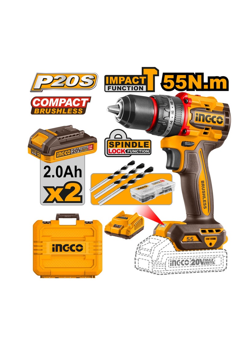 INGCO INGCO CIDLI20558 20V Impact Drill with Brushless Motor, 13mm Steel Chuck, 2x20V 2.0Ah Li-Ion Batteries, 55Nm Torque, 2-Speed Adjustment, LED Light & 47pcs Accessories  - Image 5