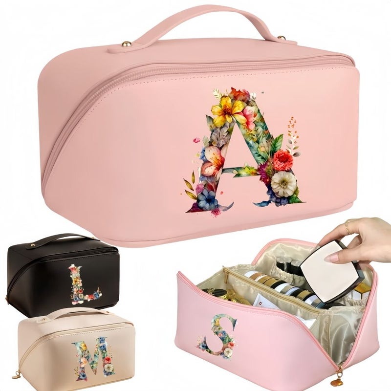 White Flower Cosmetic Pouch Large Capacity Travel Organizer with Expandable Compartments - Image 1