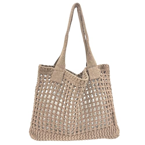 ENBEI Women's Beach Tote Bag, Crocheted Knit Hollow Design, Stylish & Spacious Tote for Beach,Travel,and Everyday Use,Cute Aesthetic Summer Handbag(khaki) - Image 1