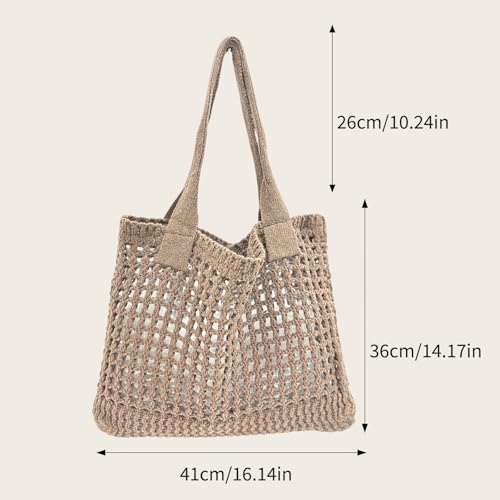 ENBEI Women's Beach Tote Bag, Crocheted Knit Hollow Design, Stylish & Spacious Tote for Beach,Travel,and Everyday Use,Cute Aesthetic Summer Handbag(khaki) - Image 2
