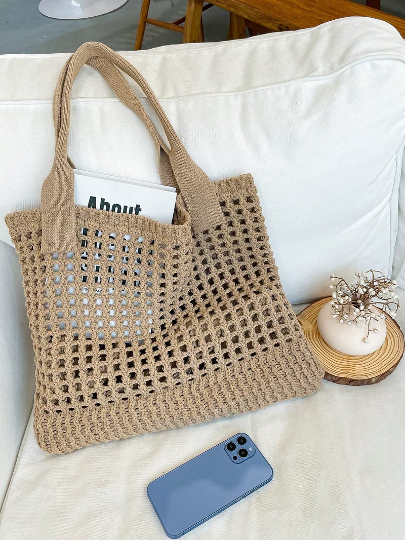 ENBEI Women's Beach Tote Bag, Crocheted Knit Hollow Design, Stylish & Spacious Tote for Beach,Travel,and Everyday Use,Cute Aesthetic Summer Handbag(khaki) - Image 3