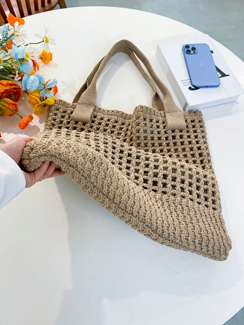 ENBEI Women's Beach Tote Bag, Crocheted Knit Hollow Design, Stylish & Spacious Tote for Beach,Travel,and Everyday Use,Cute Aesthetic Summer Handbag(khaki) - Image 4