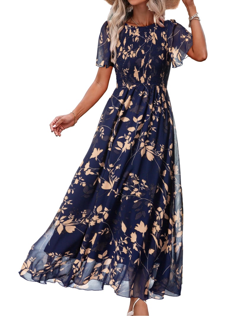 Simplee Apparel Simplee Womens Floral Maxi Wedding Guest Dress Bohemian Short Sleeve Loose Sundress Lightweight Flowy Prom Vacation Dress(Navy Leaf 2 M) - Image 1