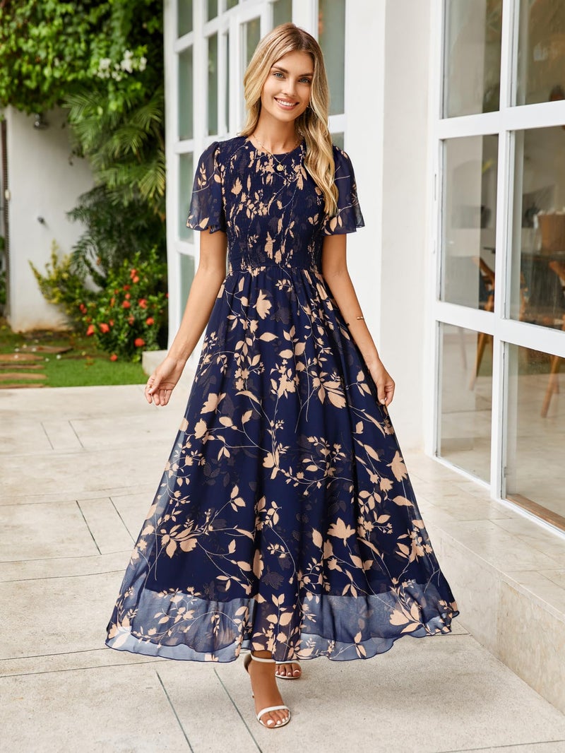 Simplee Apparel Simplee Womens Floral Maxi Wedding Guest Dress Bohemian Short Sleeve Loose Sundress Lightweight Flowy Prom Vacation Dress(Navy Leaf 2 M) - Image 5