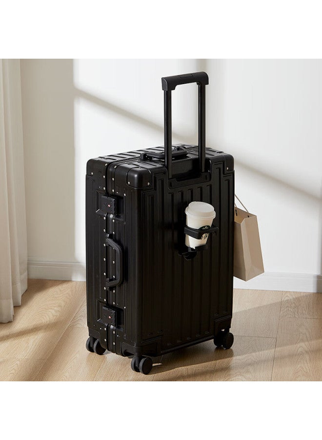 Soo Aluminum Frame Suitcase, Stylish Trolley Case, Small Travel Luggage, Password Lock, Carry-on Case With Cup Holder, Black, 20 Inches - Image 4