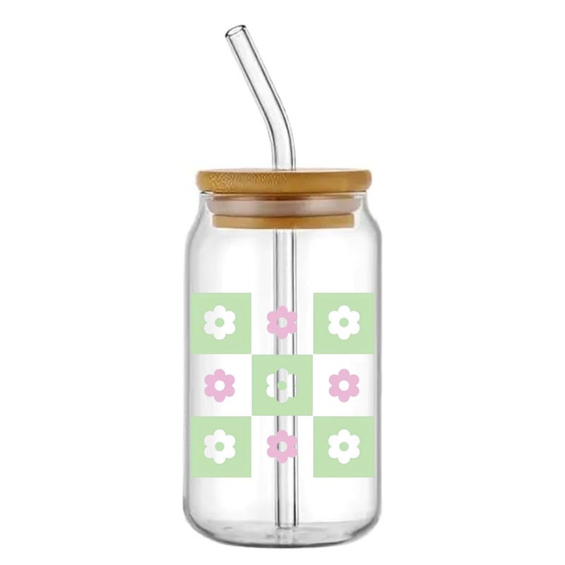 FUNKYFINDS Pink Daisy Flower Drinking Glasses with Bamboo Lids and Straw 450 ML Ice Coffee Cup Beer Glass Can Floral Glass Cup for Coffee Smoothie Cocktails Whiskey Beer Soda Gifts Set of 1 - Image 2