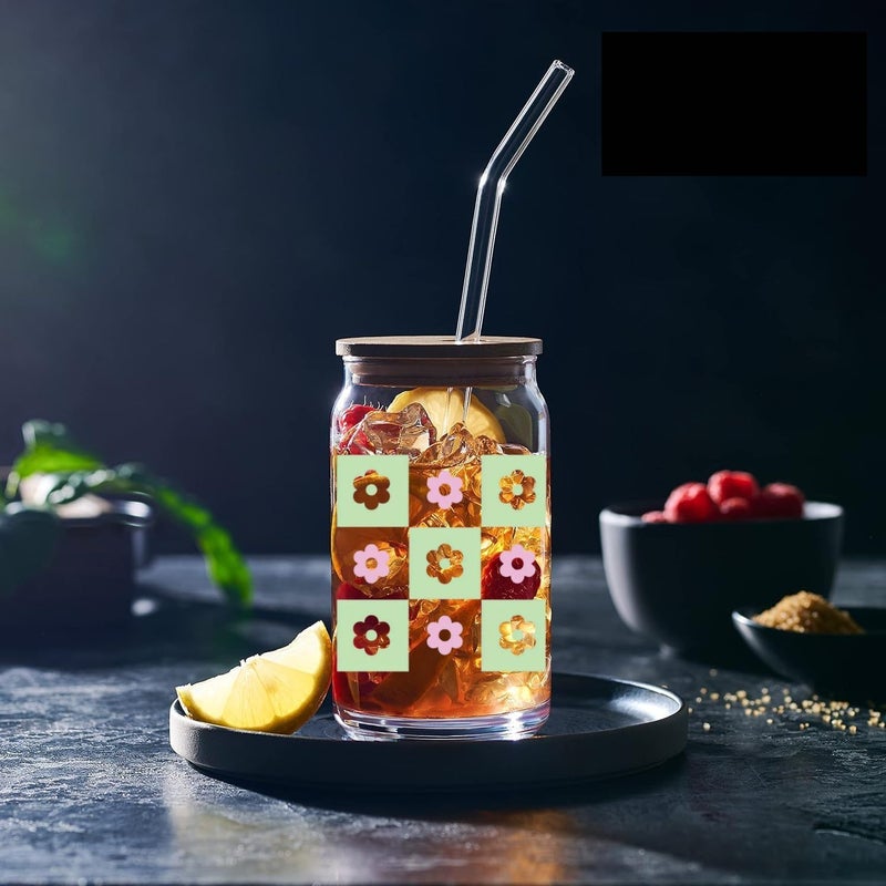 FUNKYFINDS Pink Daisy Flower Drinking Glasses with Bamboo Lids and Straw 450 ML Ice Coffee Cup Beer Glass Can Floral Glass Cup for Coffee Smoothie Cocktails Whiskey Beer Soda Gifts Set of 1 - Image 1