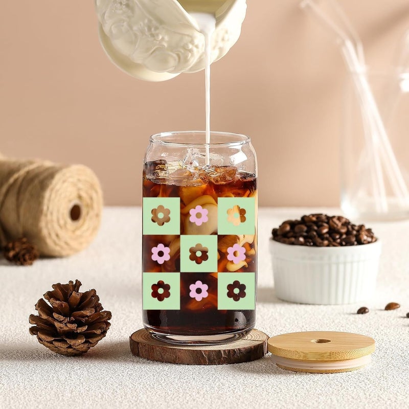 FUNKYFINDS Pink Daisy Flower Drinking Glasses with Bamboo Lids and Straw 450 ML Ice Coffee Cup Beer Glass Can Floral Glass Cup for Coffee Smoothie Cocktails Whiskey Beer Soda Gifts Set of 1 - Image 4