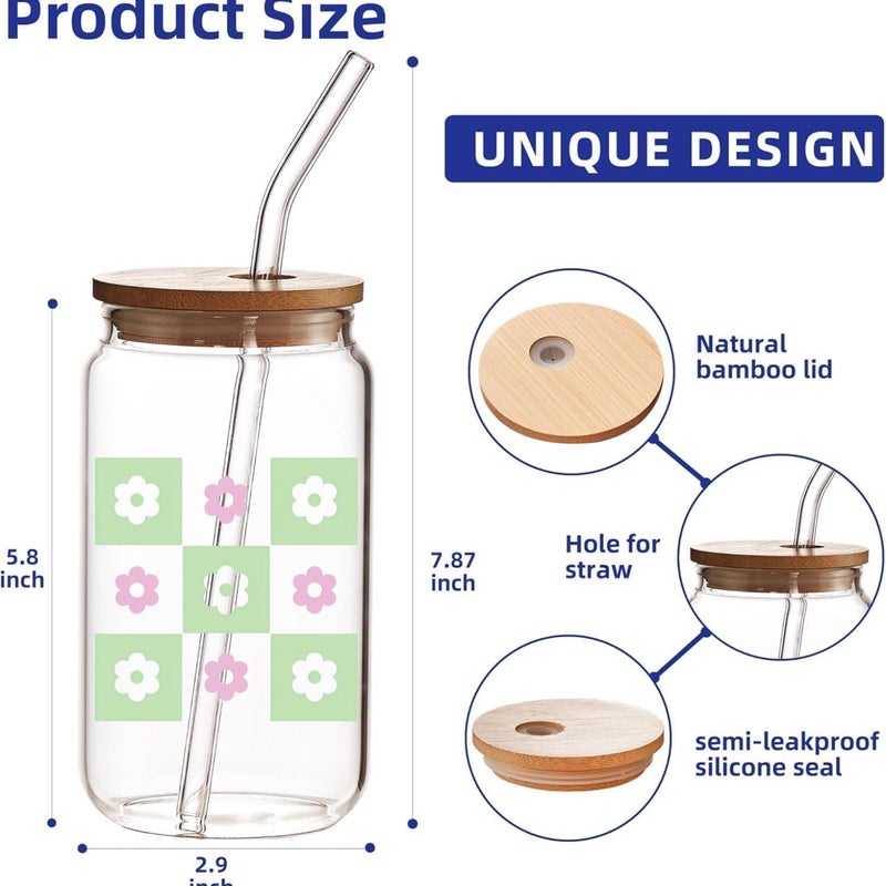 FUNKYFINDS Pink Daisy Flower Drinking Glasses with Bamboo Lids and Straw 450 ML Ice Coffee Cup Beer Glass Can Floral Glass Cup for Coffee Smoothie Cocktails Whiskey Beer Soda Gifts Set of 1 - Image 3