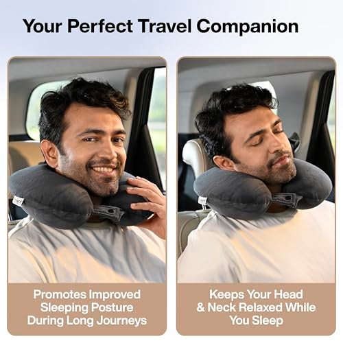 FOVERA Memory Foam Neck Rest Pillow for Neck Support, Travel Pillow for Resting in Flight, Car, Train and Bus (Velvet Dark Grey, Pack of 1) - Image 5