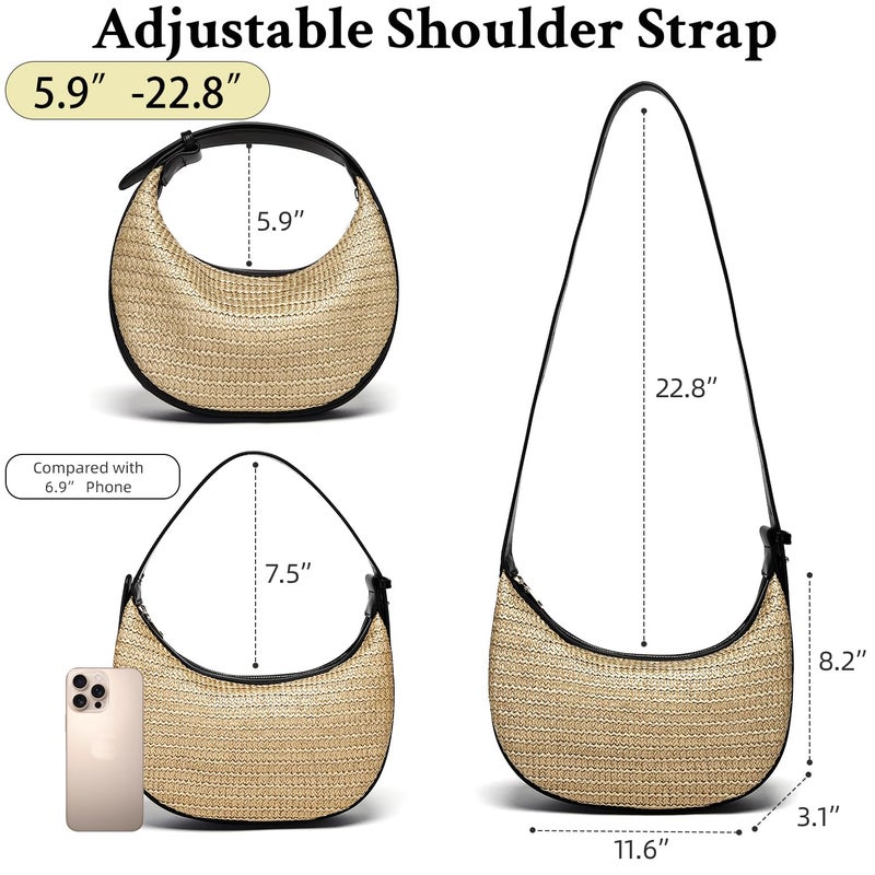 Herald Straw Crossbody Bag for Women Beach Woven Hobo Handbag Summer Chic Crescent Shoulder Purses with Adjustable Strap (Black) - Image 5