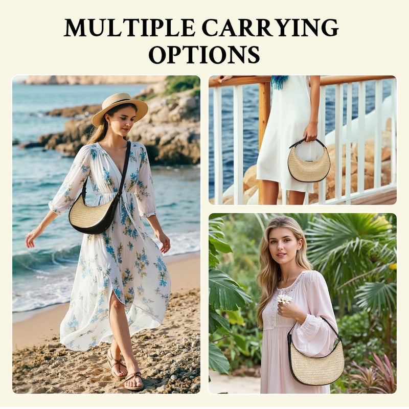 Herald Straw Crossbody Bag for Women Beach Woven Hobo Handbag Summer Chic Crescent Shoulder Purses with Adjustable Strap (Black) - Image 2