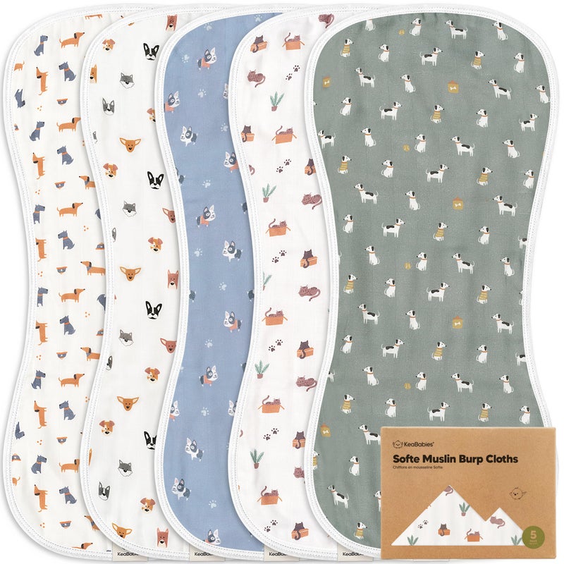 KeaBabies 5-Pack Muslin Burp Cloths Baby Boy, Girl - Very Absorbent Baby Burp Cloth Rags, 8-Layers Viscose Derived from Bamboo Cotton Muslin Towel, Super Soft Spit Up Rags, No Shrink Washcloths (Pets & Paws) - Image 1