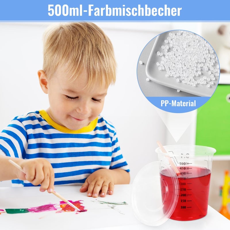 ENUTROF أكواب خلط للطلاءات، 50 قطعة، سعة 600 مل؛ أكواب قياس بلاستيكية مزودة بعصي خشبية لخلط الطلاءات السائلة والأصباغ (500 مل - 50 قطعة/عبوة). - Image 3