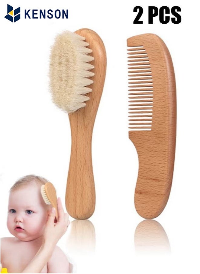 KENSON Baby Hair Bush and Comb Set - Nature Lotus Wood with Soft Goat Bristle and Pear Wood Comb for Newborns & Toddlers, Ideal for Cradle Cap  - Image 1