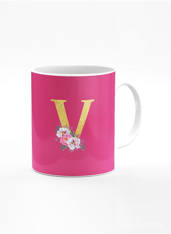 Stylizedd Designer Printed Coffee Mug 11oz Ceramic Personalised Gift Mugs Cup -Custom Monogram Initial Letter Floral Pattern Alphabet - V (Dark Pink Rose)  - Image 1