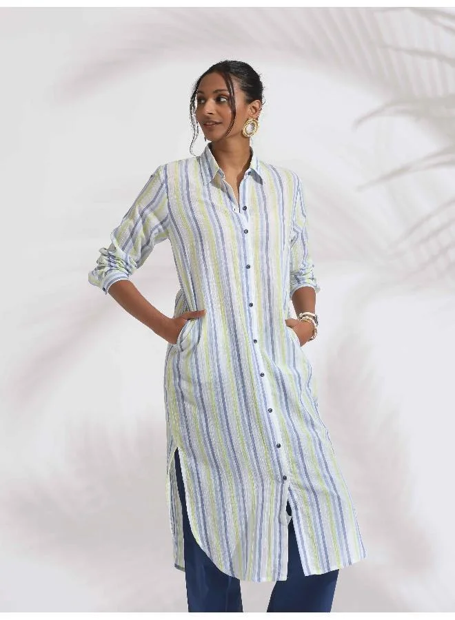 ترو برونز trueBrowns White Cotton Multi Stripe Shirt Kurta Set