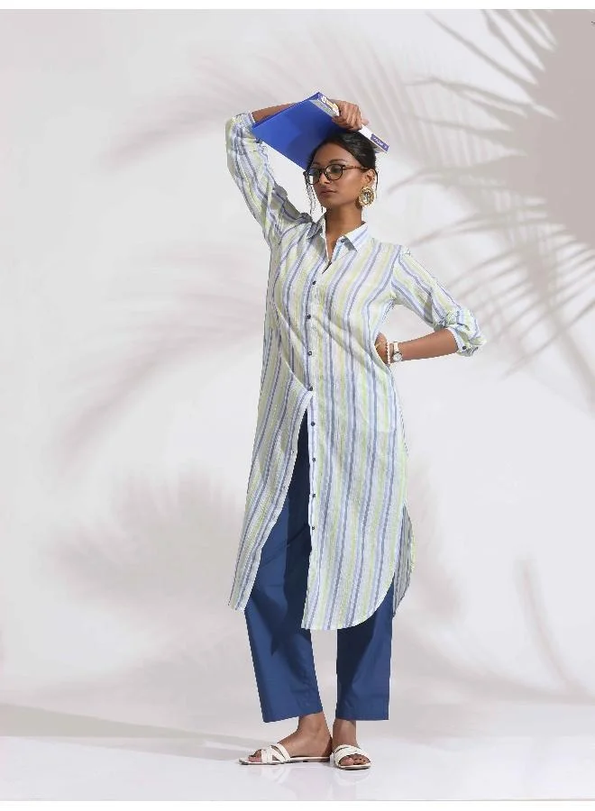 ترو برونز trueBrowns White Cotton Multi Stripe Shirt Kurta Set