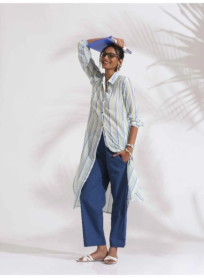 ترو برونز trueBrowns White Cotton Multi Stripe Shirt Kurta Set