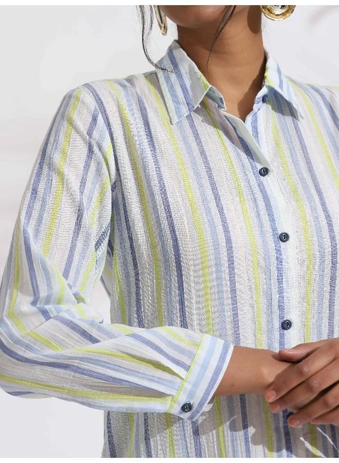 ترو برونز trueBrowns White Cotton Multi Stripe Shirt Kurta Set