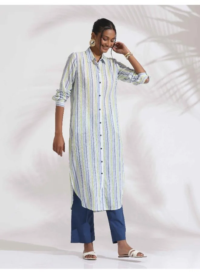 ترو برونز trueBrowns White Cotton Multi Stripe Shirt Kurta Set