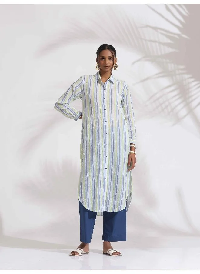 trueBrowns White Cotton Multi Stripe Shirt Kurta Set