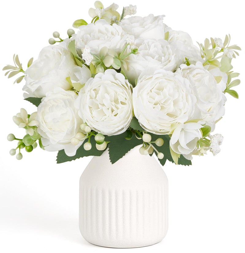 Mkono Fake Flowers in Vase 9 inches Artificial Flower Centerpieces Coffee Table Decorations Silk Flowers Arrangements for Home Desk Shelf Dining Room Kitchen Wedding Decor White - Image 2