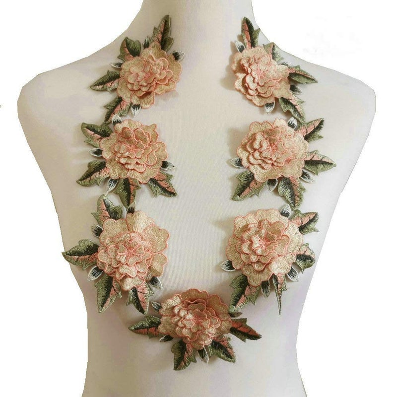 7 Pcs Handmade Applique Embroidered Iron Leaf Flowers Apricot Yellow