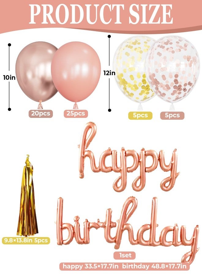 Haolongfa Rose Gold Happy Birthday Decorations for Women and Girls - Rose Gold Balloons, Happy Birthday Banner, Foil Crown Love Balloons with Fringe Curtain for Birthday Party Supplies - Image 2