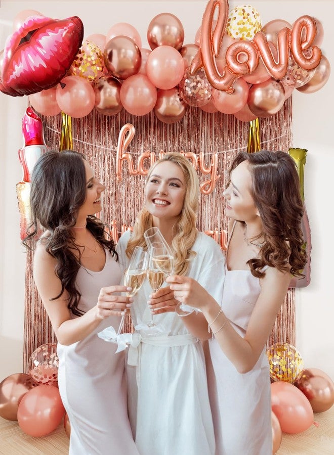 Haolongfa Rose Gold Happy Birthday Decorations for Women and Girls - Rose Gold Balloons, Happy Birthday Banner, Foil Crown Love Balloons with Fringe Curtain for Birthday Party Supplies - Image 5