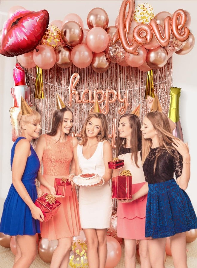 Haolongfa Rose Gold Happy Birthday Decorations for Women and Girls - Rose Gold Balloons, Happy Birthday Banner, Foil Crown Love Balloons with Fringe Curtain for Birthday Party Supplies - Image 4