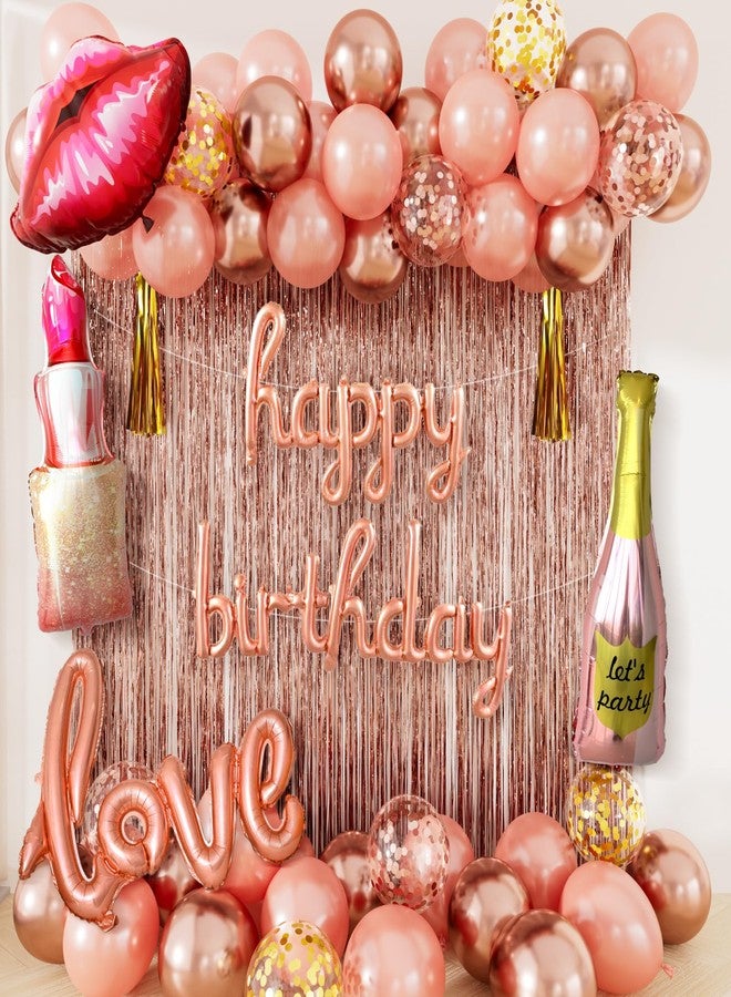 Haolongfa Rose Gold Happy Birthday Decorations for Women and Girls - Rose Gold Balloons, Happy Birthday Banner, Foil Crown Love Balloons with Fringe Curtain for Birthday Party Supplies - Image 1