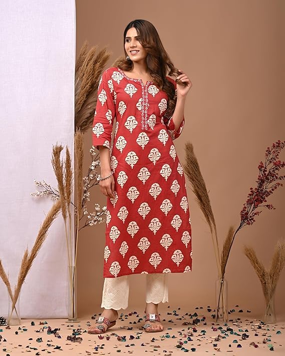 LAVANDIS Cotton Straight Kurta for Womens Pritned Calf Length Girls Kurti Casual Wear Dress - Image 4