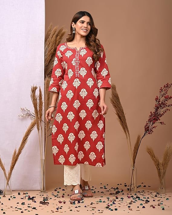 LAVANDIS Cotton Straight Kurta for Womens Pritned Calf Length Girls Kurti Casual Wear Dress - Image 5