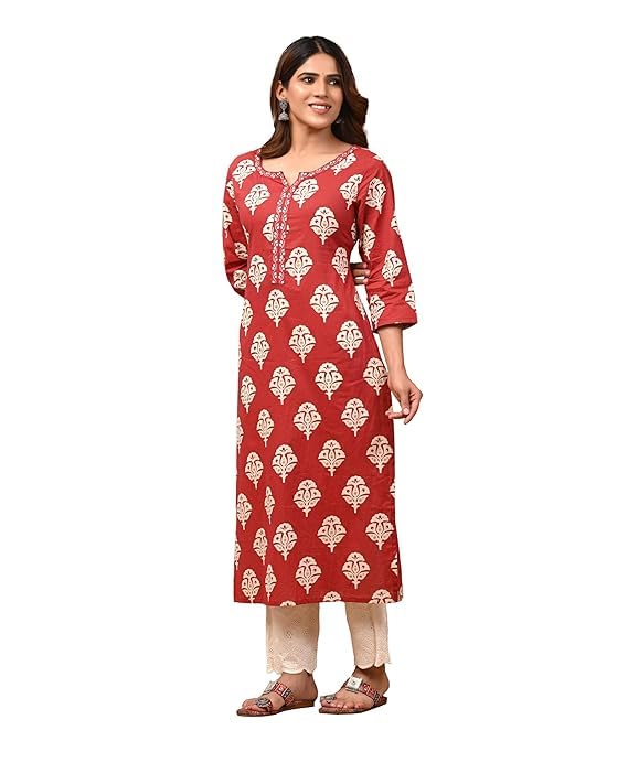 LAVANDIS Cotton Straight Kurta for Womens Pritned Calf Length Girls Kurti Casual Wear Dress - Image 1
