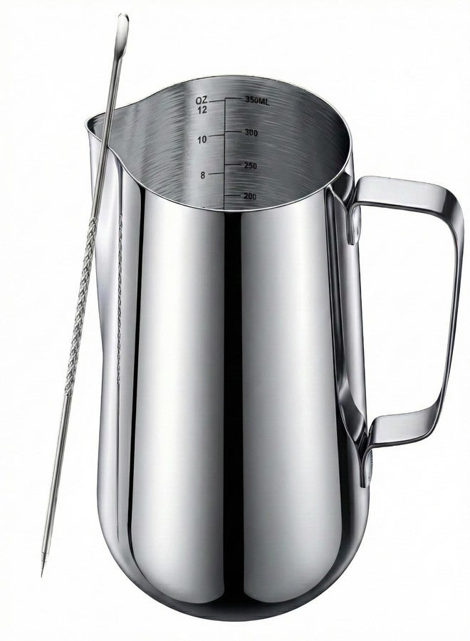 cicike Milk Frothing Pitcher 12oz with Measurements, Stainless Steel Espresso Steaming Pitcher (350ml) & Latte Art Pen - Metal Creamer Cup & Barista Espresso Machine Accessories for Cappuccino, Macchiato - Image 1