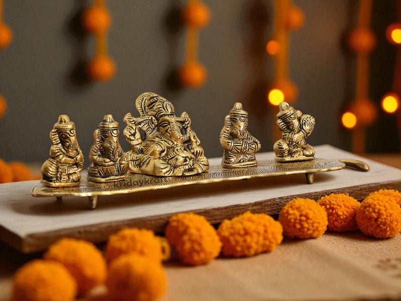 KridayKraft White Metal Gold Plated Ganesha on Leaf with Musical Instrument Metal Statue for Pooja,Home & Office Décor Ganesha Murti Idol,Showpiece Figurines,Religious Idol Decorative Gift Article... - Image 3