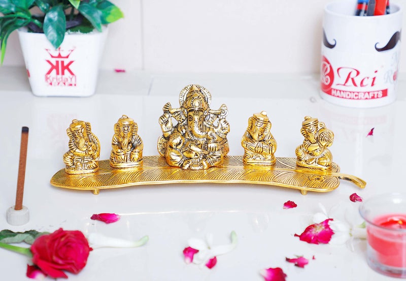 KridayKraft White Metal Gold Plated Ganesha on Leaf with Musical Instrument Metal Statue for Pooja,Home & Office Décor Ganesha Murti Idol,Showpiece Figurines,Religious Idol Decorative Gift Article... - Image 5