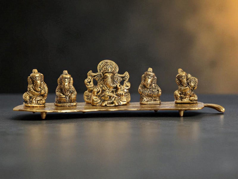 KridayKraft White Metal Gold Plated Ganesha on Leaf with Musical Instrument Metal Statue for Pooja,Home & Office Décor Ganesha Murti Idol,Showpiece Figurines,Religious Idol Decorative Gift Article... - Image 1
