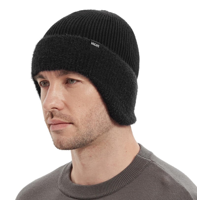 Wmcaps Winter Fleece Line Beanie with Earflap for Men Women, Outdoor Warm Thermal Knitted Hat Stocking Caps (Black) - Image 1