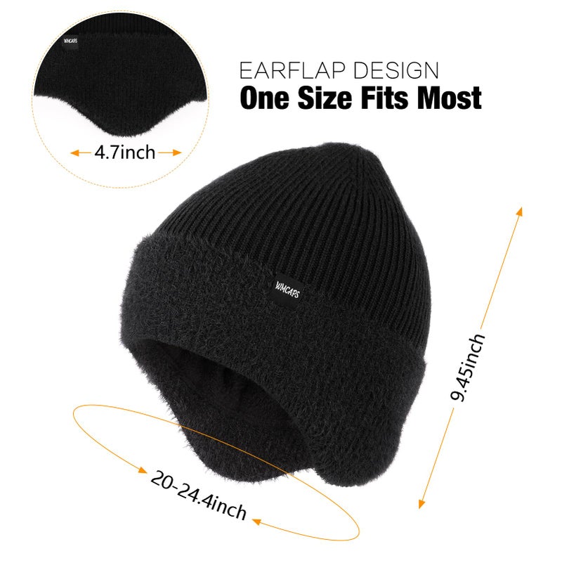 Wmcaps Winter Fleece Line Beanie with Earflap for Men Women, Outdoor Warm Thermal Knitted Hat Stocking Caps (Black) - Image 2