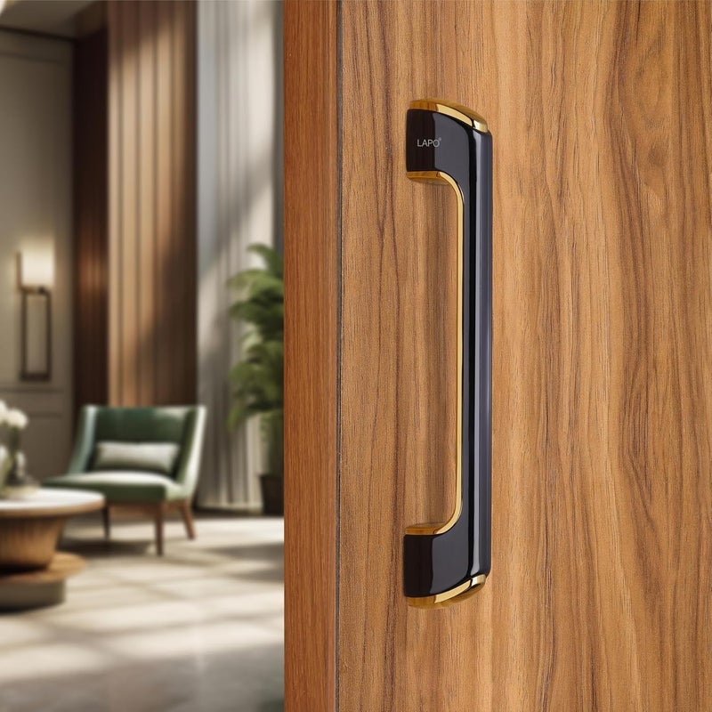 LAPO Door Handles for Main Door Main Door Handle Wooden Glass Door Handle Door HandleLDH 10 InchesPack of 1 BlackGold Finish 3 Years Warranty Zinc Pull Handle - Image 1