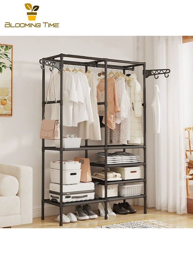 BLOOMING TIME Simple Wardrobe, Double Row Storage Coat Rack, Home Bedroom Floor Storage Rack, Combination Hanger, Simple Multifunctional Storage Coat Rack, Floor-standing Double Row Clothes Rack, with 360° Rotatable Side Hooks, Shoe Storage, Black - Image 1