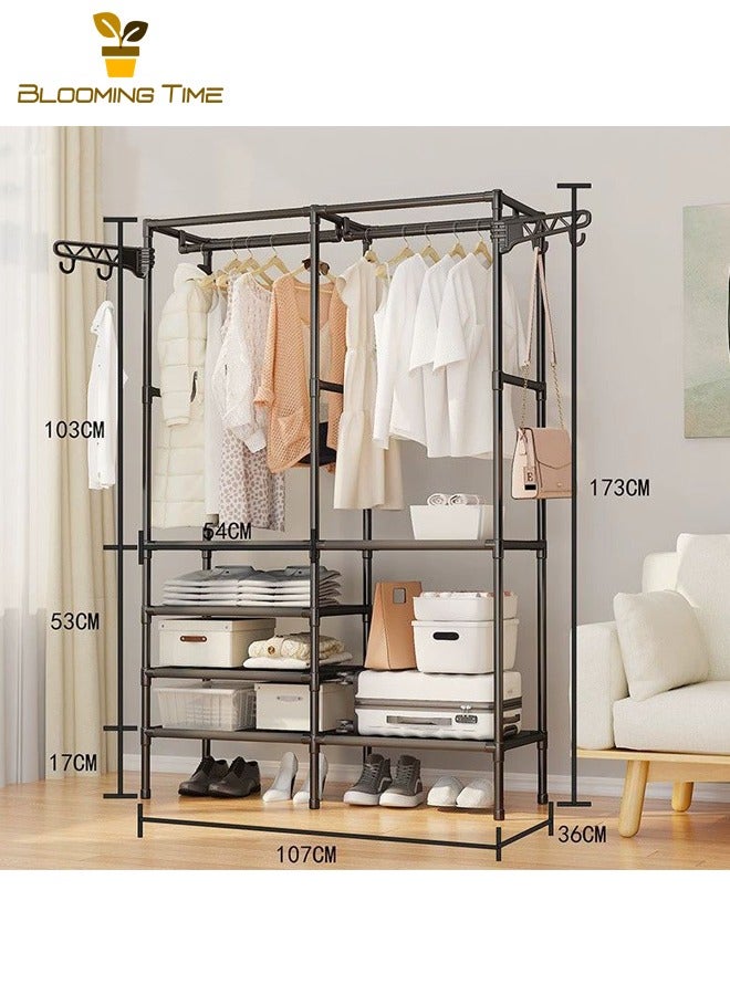 BLOOMING TIME Simple Wardrobe, Double Row Storage Coat Rack, Home Bedroom Floor Storage Rack, Combination Hanger, Simple Multifunctional Storage Coat Rack, Floor-standing Double Row Clothes Rack, with 360° Rotatable Side Hooks, Shoe Storage, Black - Image 2