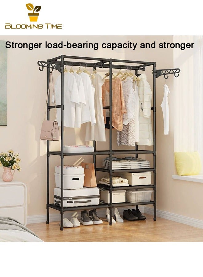 BLOOMING TIME Simple Wardrobe, Double Row Storage Coat Rack, Home Bedroom Floor Storage Rack, Combination Hanger, Simple Multifunctional Storage Coat Rack, Floor-standing Double Row Clothes Rack, with 360° Rotatable Side Hooks, Shoe Storage, Black - Image 3
