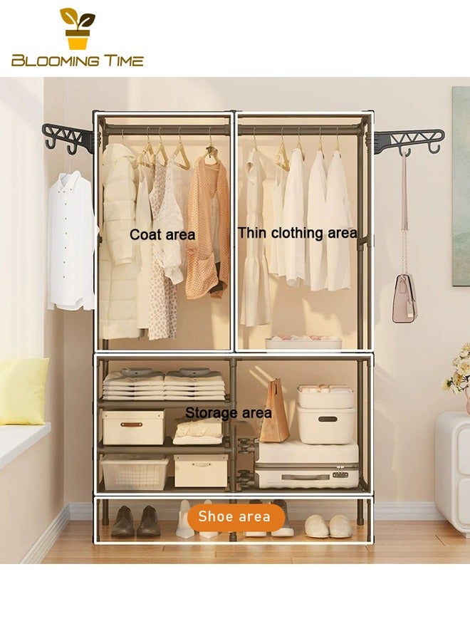 BLOOMING TIME Simple Wardrobe, Double Row Storage Coat Rack, Home Bedroom Floor Storage Rack, Combination Hanger, Simple Multifunctional Storage Coat Rack, Floor-standing Double Row Clothes Rack, with 360° Rotatable Side Hooks, Shoe Storage, Black - Image 4