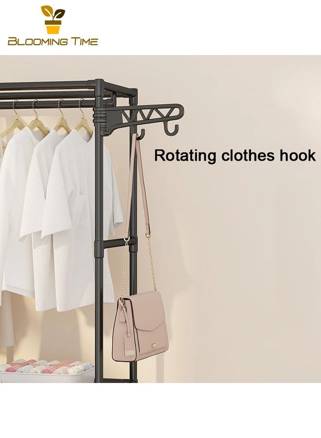 BLOOMING TIME Simple Wardrobe, Double Row Storage Coat Rack, Home Bedroom Floor Storage Rack, Combination Hanger, Simple Multifunctional Storage Coat Rack, Floor-standing Double Row Clothes Rack, with 360° Rotatable Side Hooks, Shoe Storage, Black - Image 5